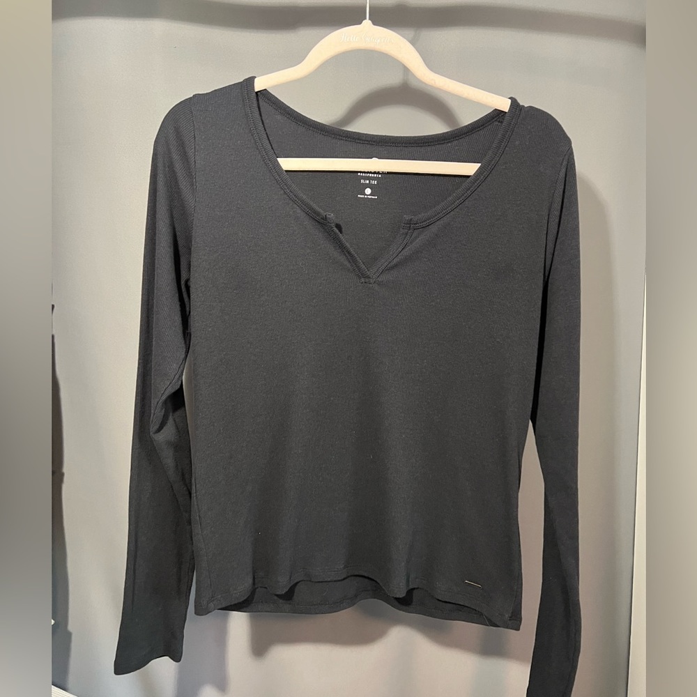 Hollister Long Sleeve Ribbed Notch Neck Black Shirt